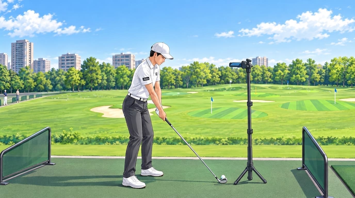 An iPhone on a tripod facing the ball at a driving range